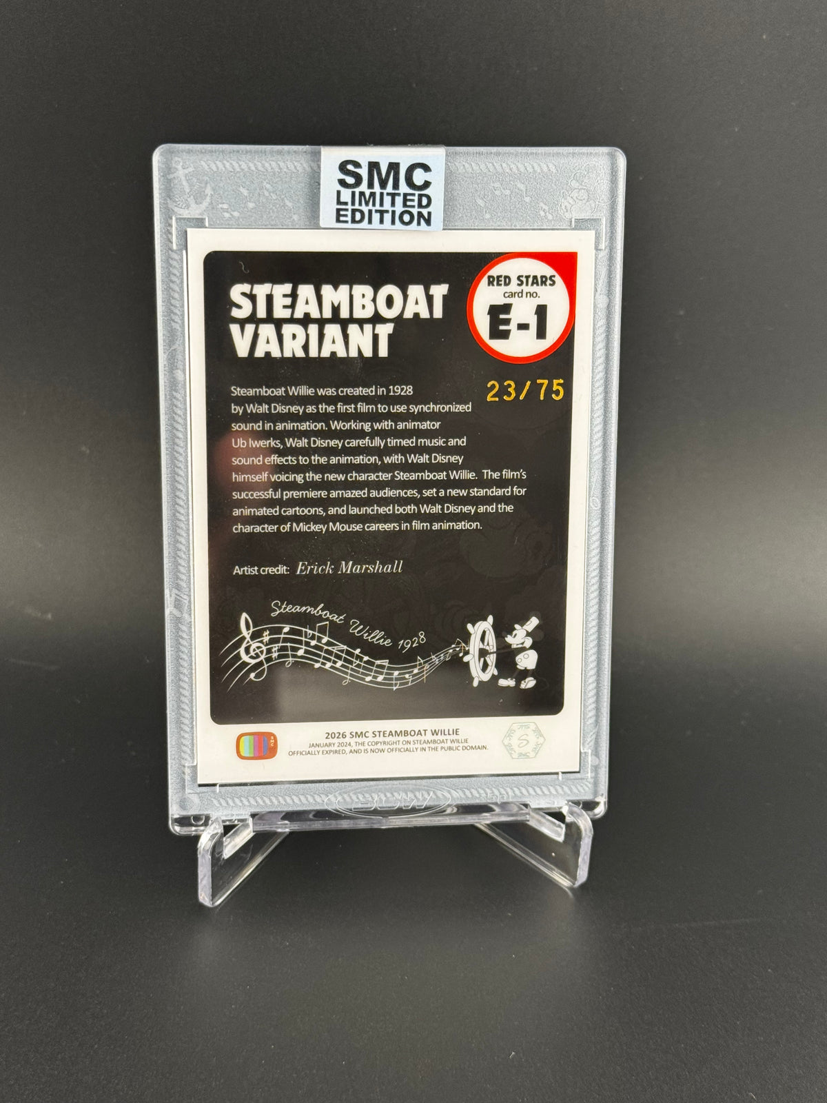 SMC- Steamboat Willie, 2026 SDCC exclusive. Red Stars 23/75. Eric Marshall auto and remark on box
