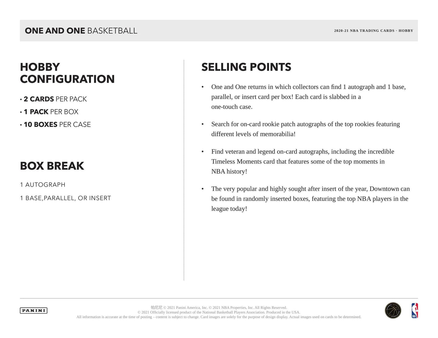 2020/21 Panini One and One Basketball